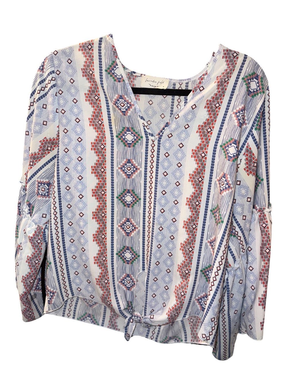 lavender field Light Blue Geometric V-Neck Tie-Front Blouse